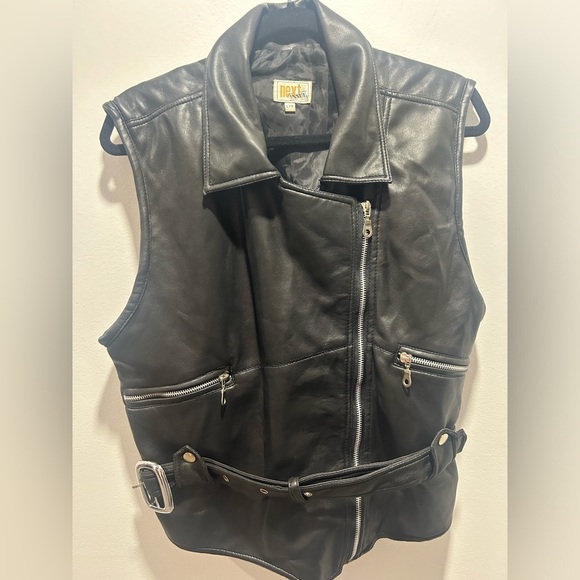 NEXT ISSUE size Large faux black leather biker jacket side zip, silver hardware - Picture 1 of 10